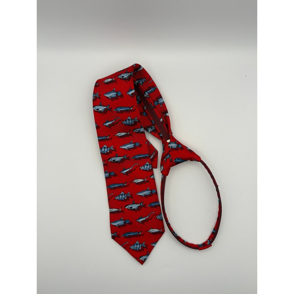 Talbots Kids Boys Red Fish Pattern Zipper Necktie Novelty Aquatic Print Tie